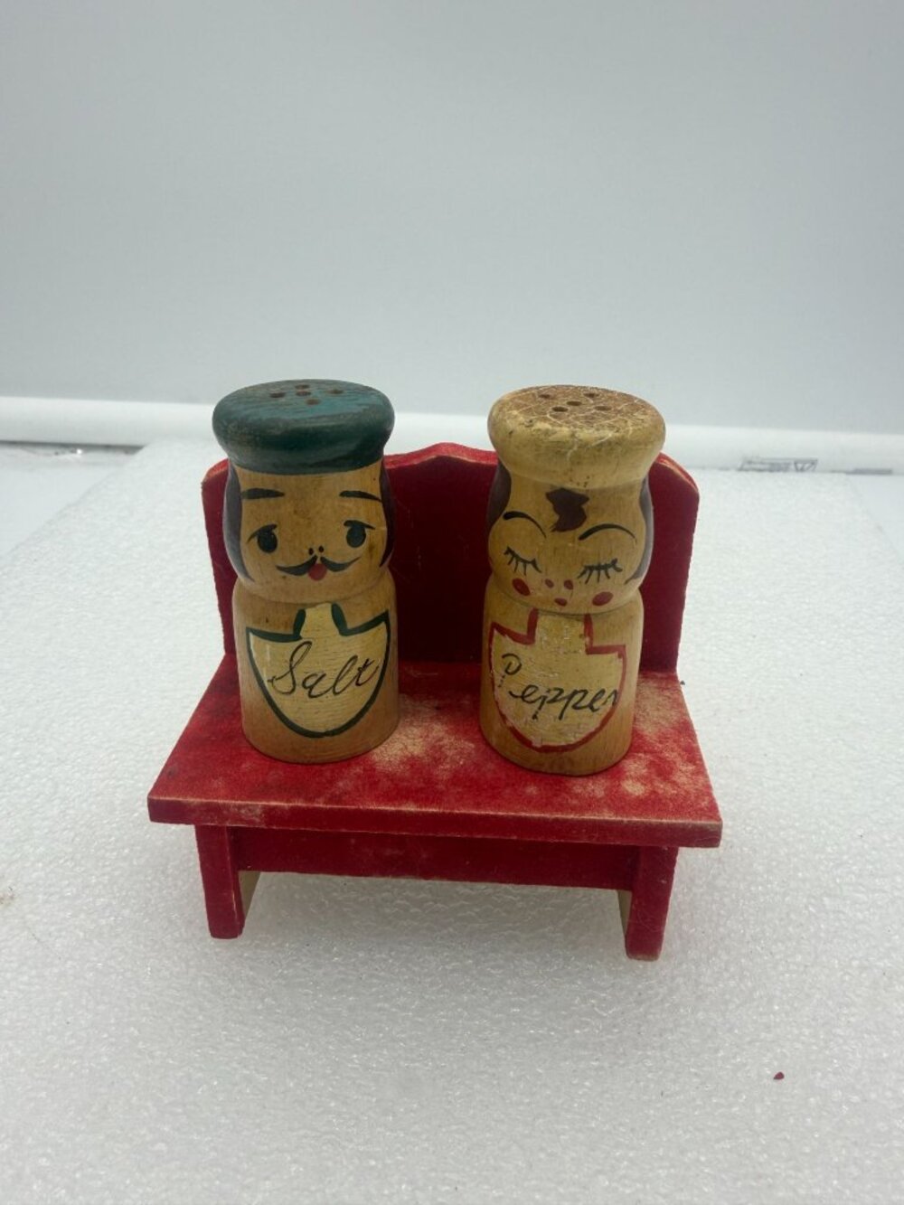 Vintage Wood Peg Chef Salt and Pepper Shakers and Red Bench Holder Japan